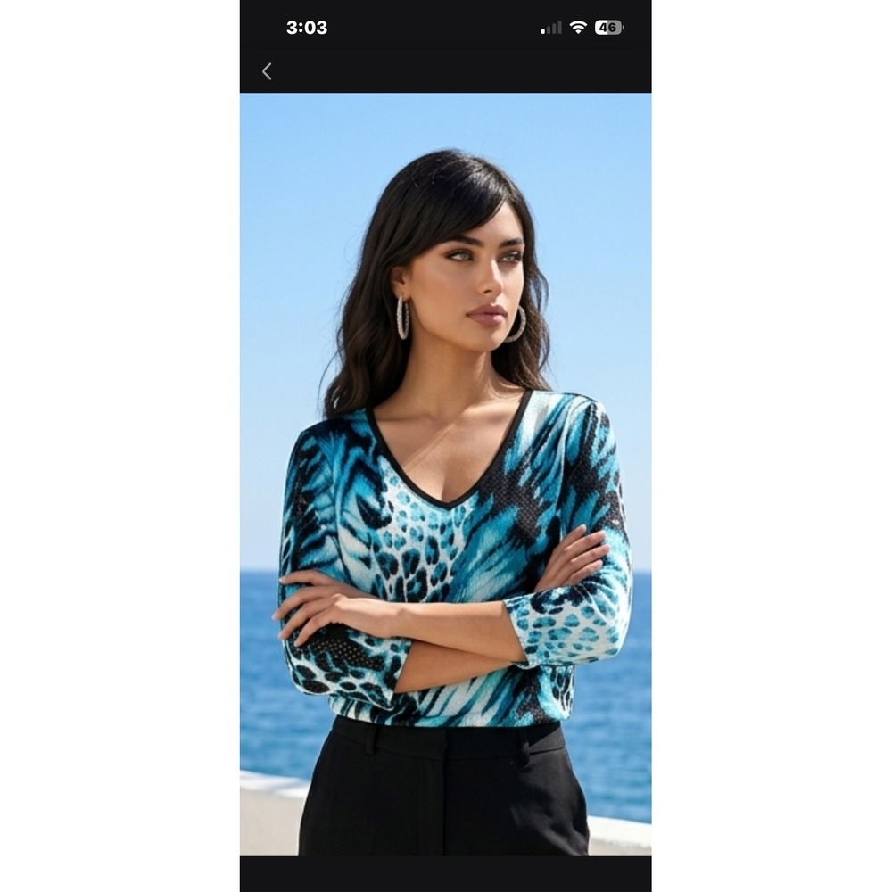 Susan Graver Liquid Knit V-Neck Top Blue Animal Print Sequin 3/4 Sleeve Large